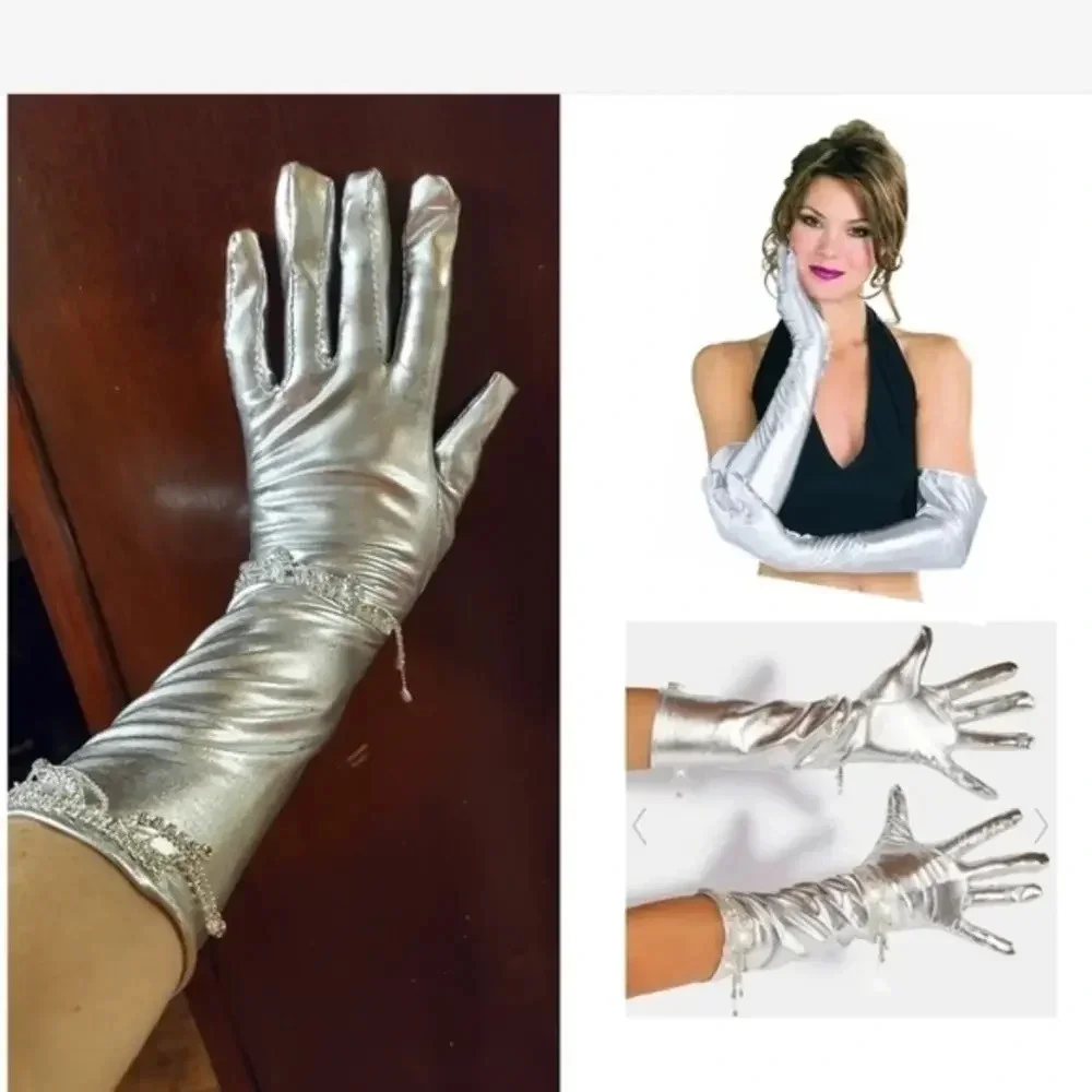 Silver Rhinestone Opera Gloves Formal Evening Satin Costume Glam Silver Gloves